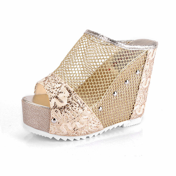 Dame fashionable wedge slippers med funklende detaljer og åben tåparti Stilla