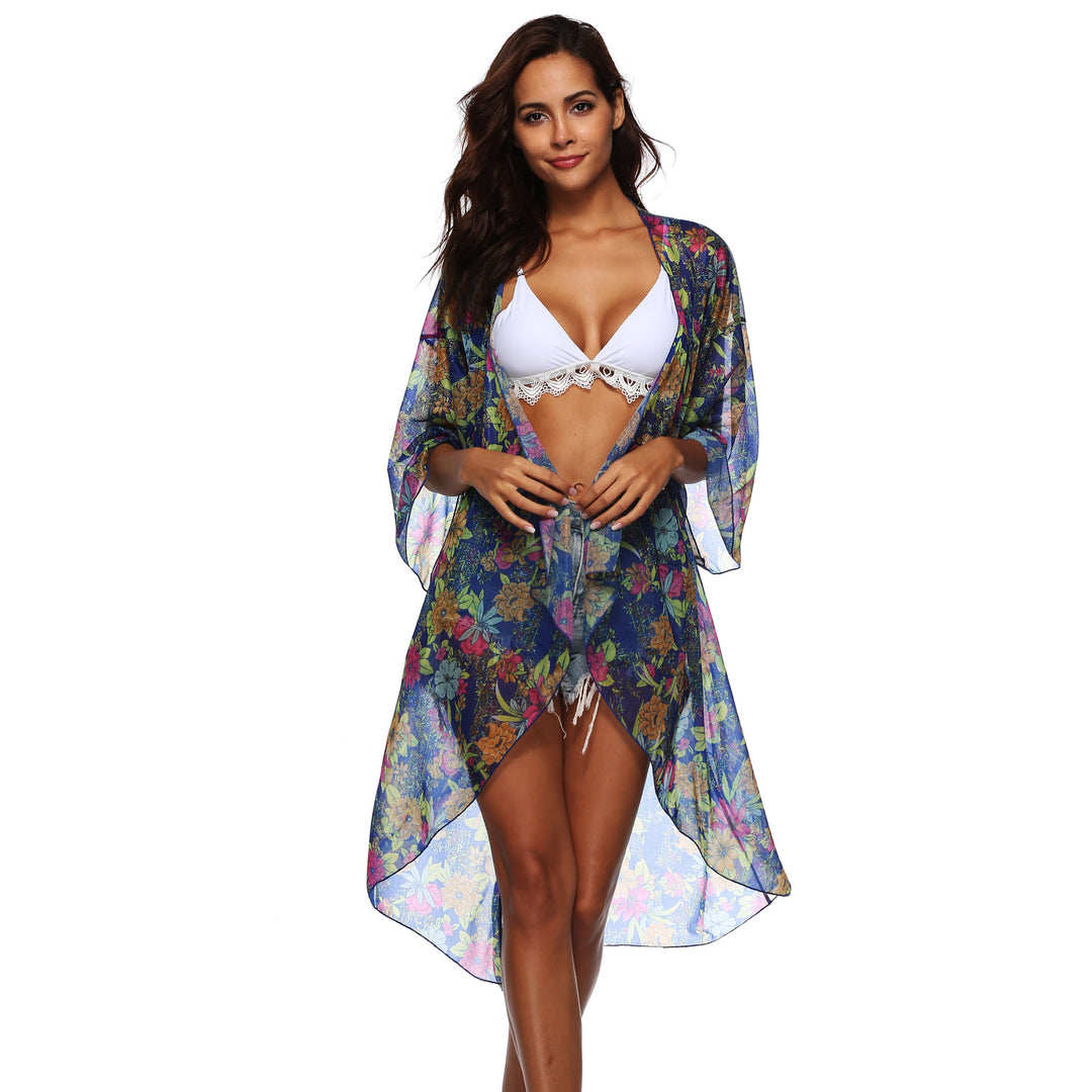 Dame Transparent Strandkimono med blomsterdesign og afslappet snit Stilla