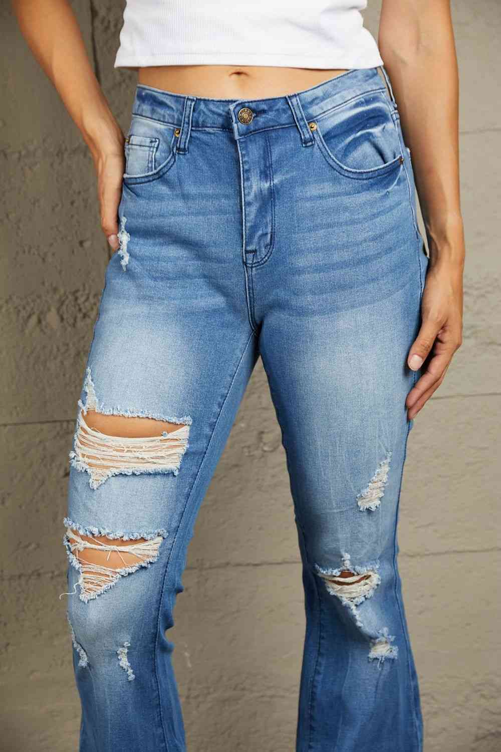 Stilla | Distressed Flare Leg Jeans Med Lommer