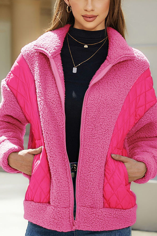 Stilla | Langærmet cardigan med lynlås i fleece patchwork damesjakke