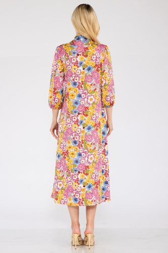 Stilla | Full Size Floral Midi Kjole Med Sløjfe Bundet