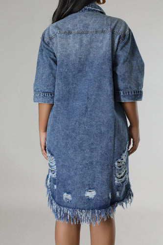 Stilla | Raw Hem Button Up Denim Kjole