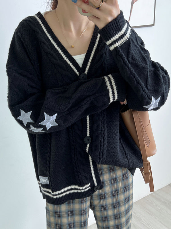 Stilla | Oversized Kabelstrikket Jakke med Stjernestikning