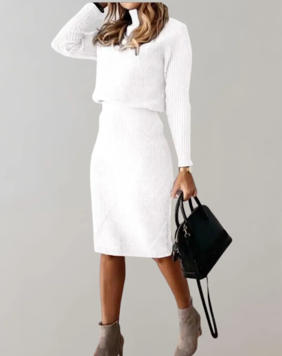 Stilla | Sæt Ribbet To-delt Slim Fit Rullekrave Sweater og Midi Nederdel