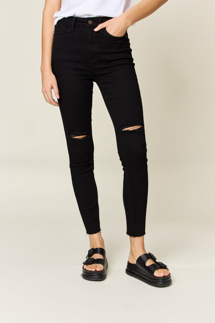 Stilla | Blå Full Size Distressed Tummy Control High Waist Skinny Jeans