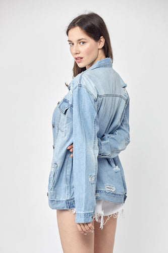 Stilla | Full Size Distressed Langærmet Denim Jakke