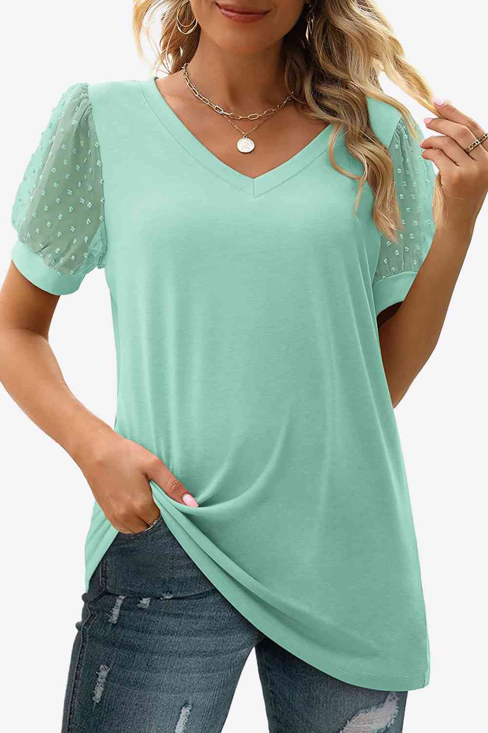 Stilla | Dot Puff Sleeve V-hals Tee