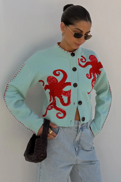 Stilla | Cozy Beach Strik Cardigan med Nautisk Blæksprutte Design