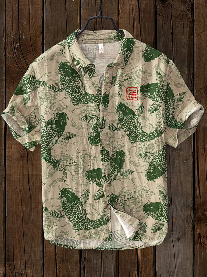 Stilla | Vintage Fisk Skjorte i Japansk Kunst i Hørblanding