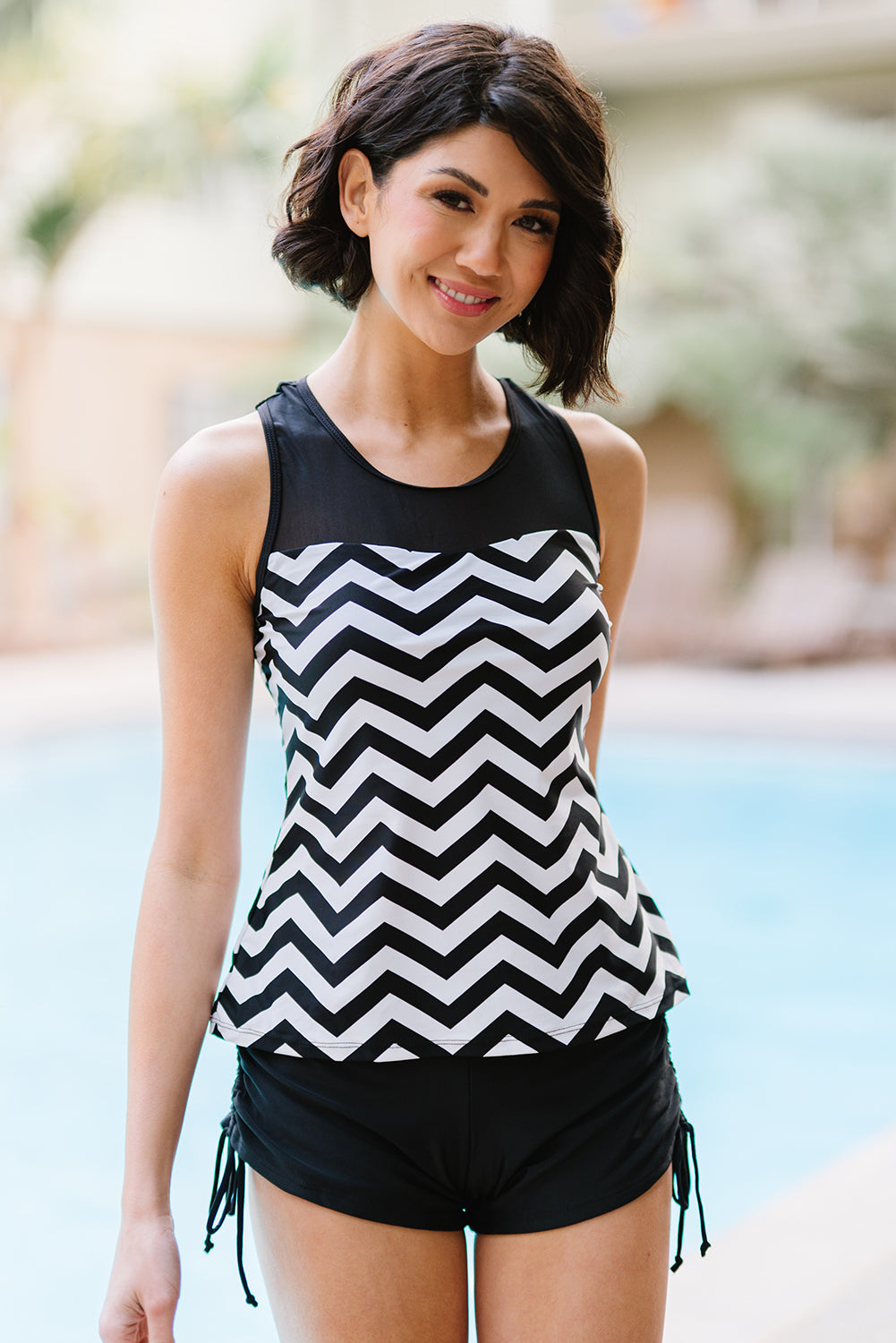 Stilla | Størrelse Chevron Print Rynket Tankini Sæt