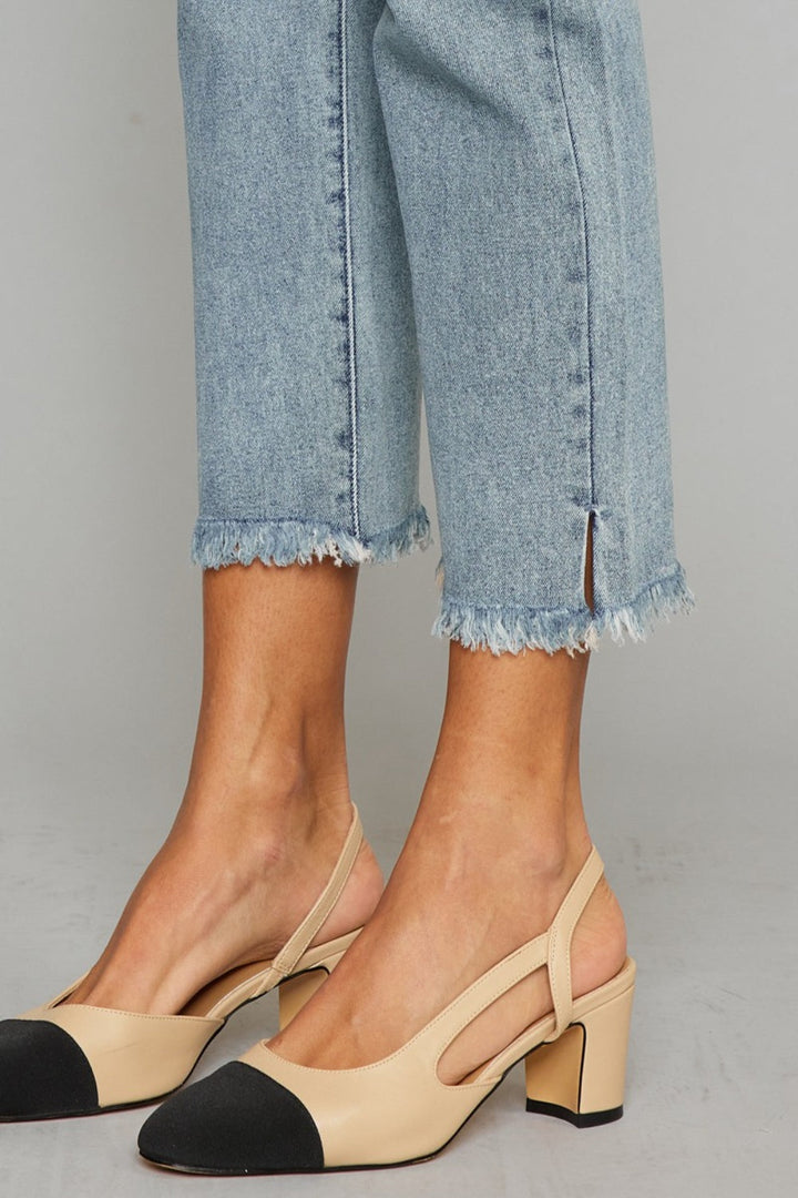 Stilla | Høj Talje Knap Fly Raw Hem Beskårede Lige Jeans