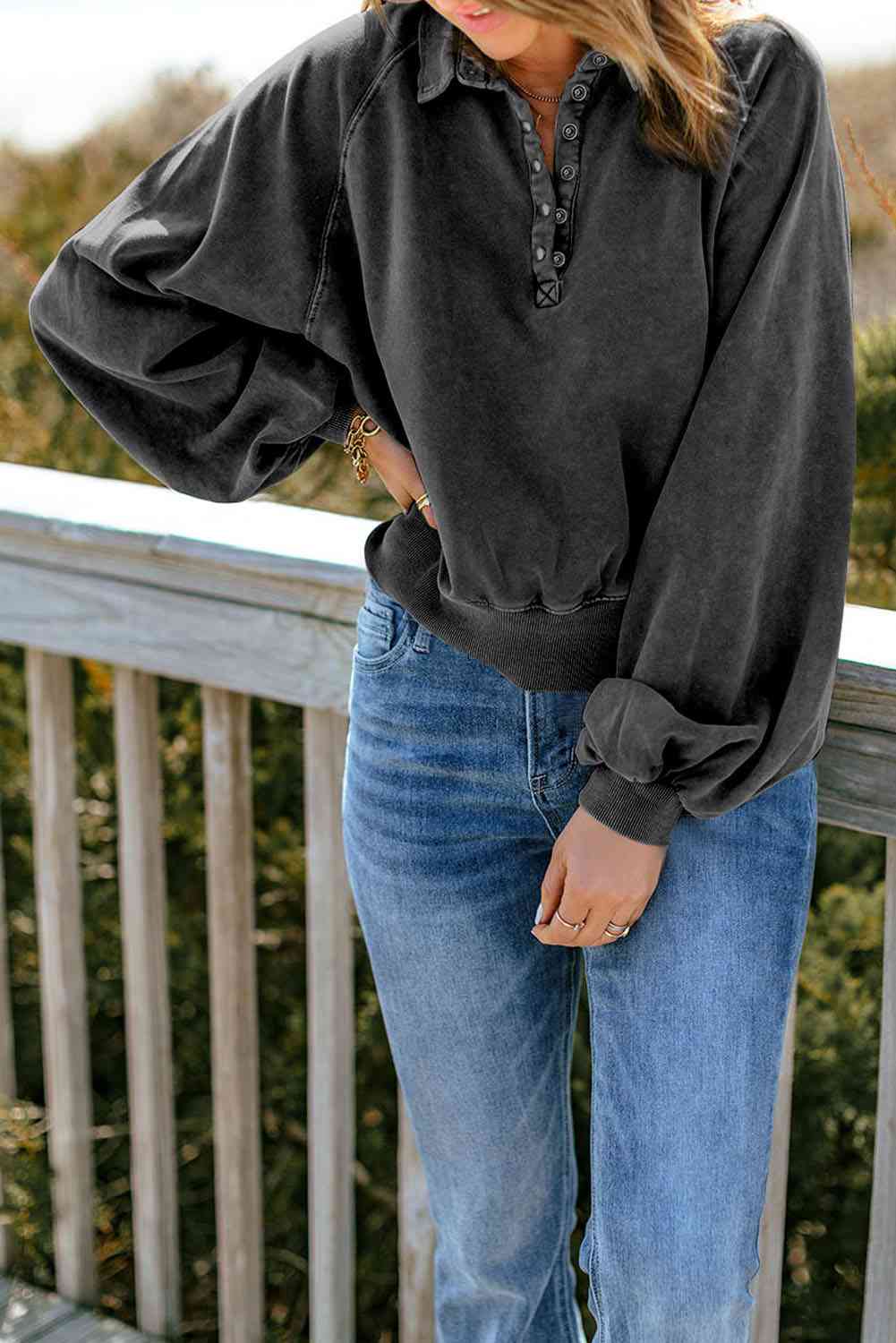 Stilla | Snap Krave Lantern Ærme Sweatshirt