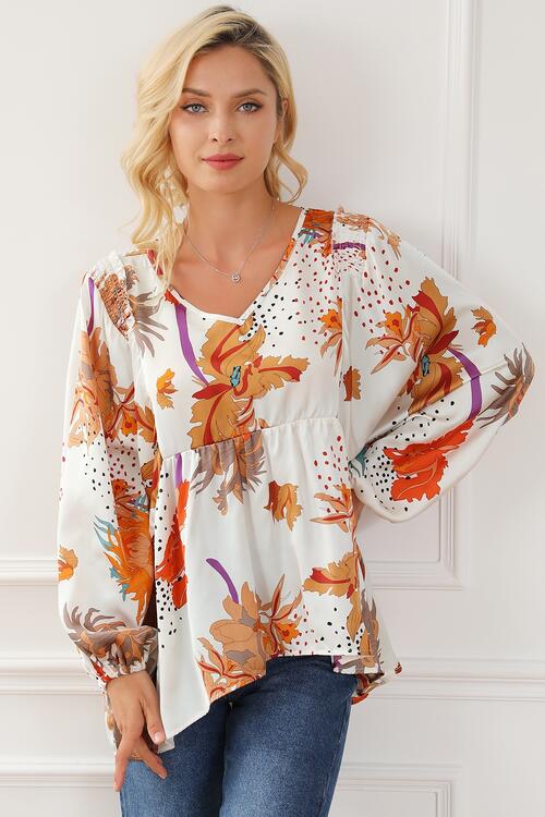 Stilla | V-hals Smocked Balloon Sleeve Bluse