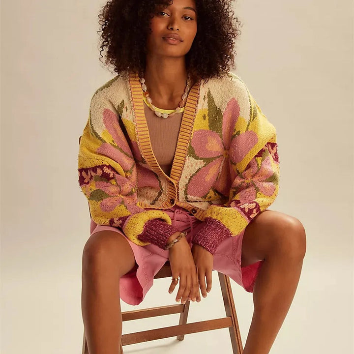 Stilla | Cozy Floral Cardigan med Løs Pasform og Lange Ærmer