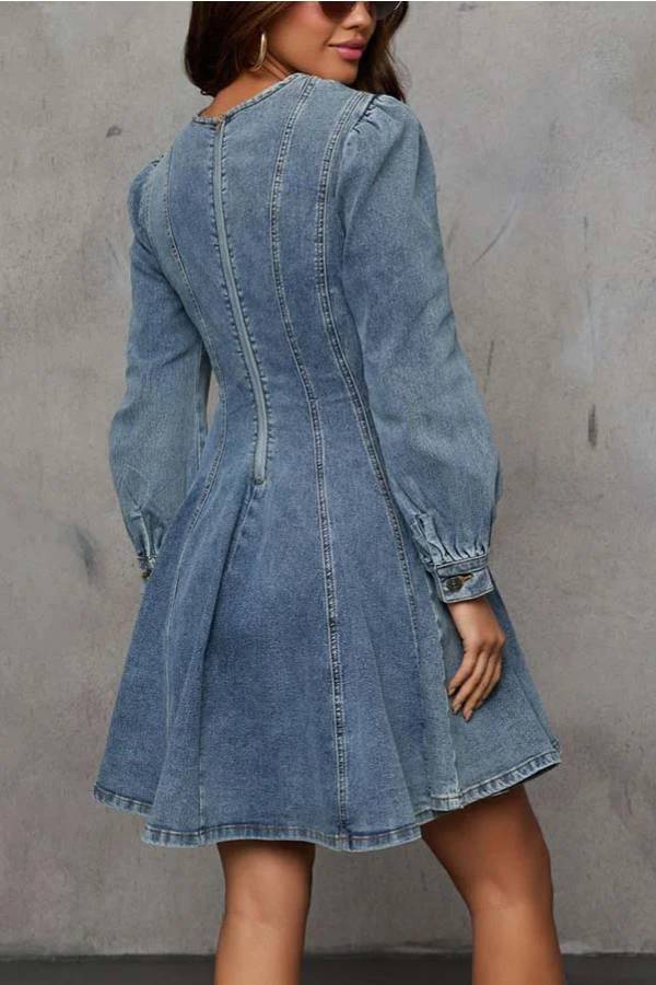 Skovae | Fade Into You Denim Prinsesse Linie Ryg lynlås Flare Stretch Mini Kjole