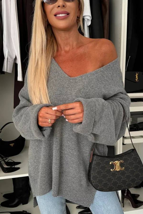 Stilla | Pullover Strikket Til Koldt Vejr, Ensfarvet, Lange Ærmer, Uregelmæssig Og Løs V-hals Pullover