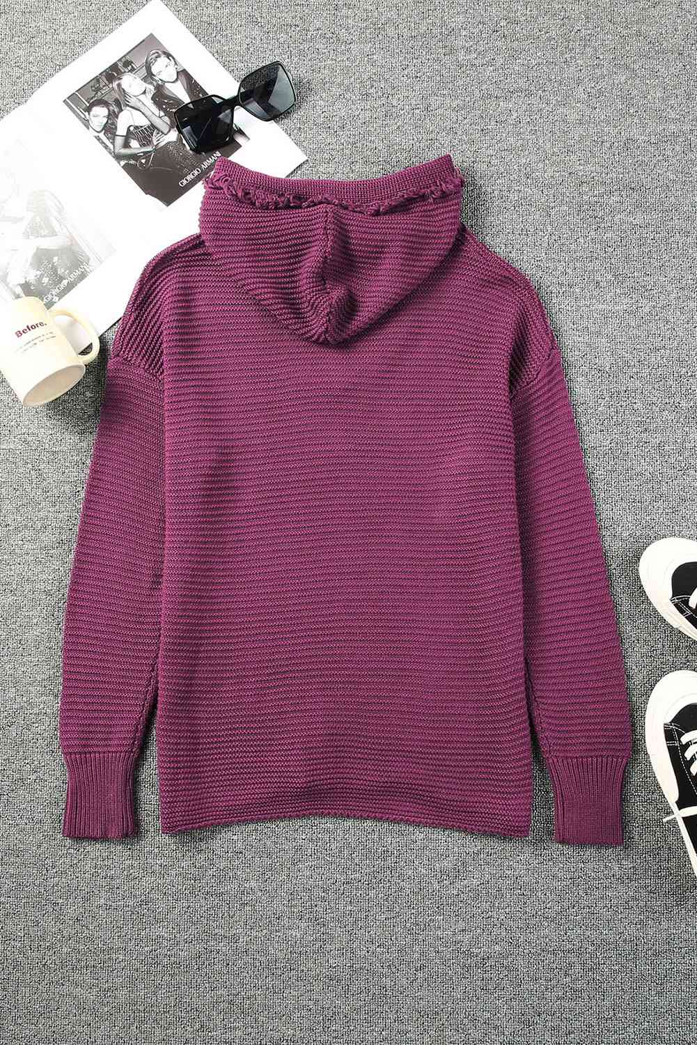 Stilla | Højre Vandret Ribbet Frynse Trim Hætte Sweater