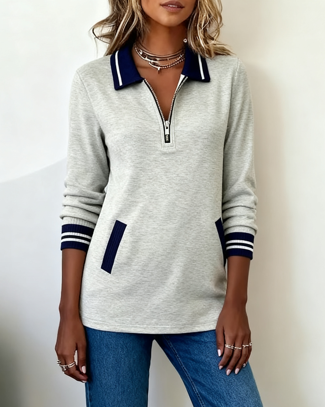 Stilla | Sweatshirt med revers lynlås og kontrastfarve