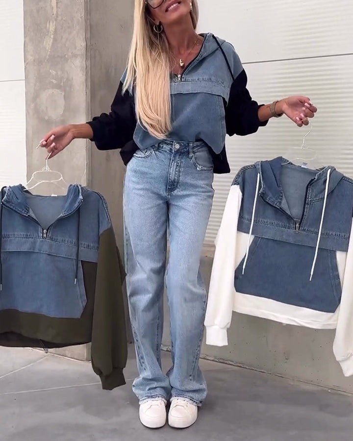 Stilla | Hætte trøje med lynlås og patchwork mønster i denim