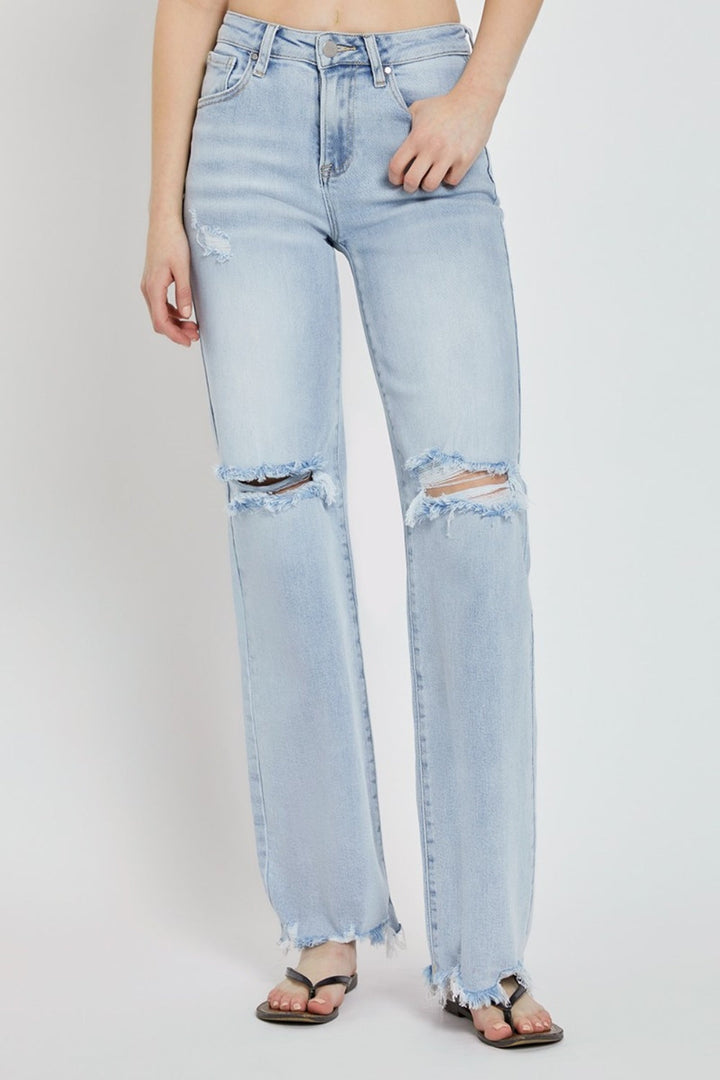 Stilla | Full Size Høj Talje Distressed Bred Ben Jeans