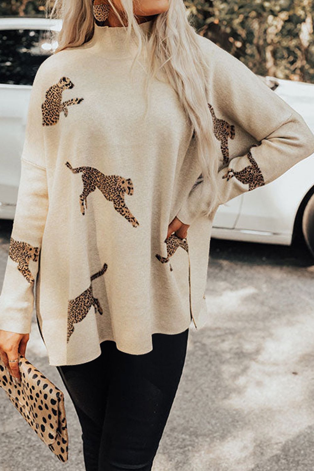 Stilla | Mønstret Mock Neck Langærmet Slids Sweater