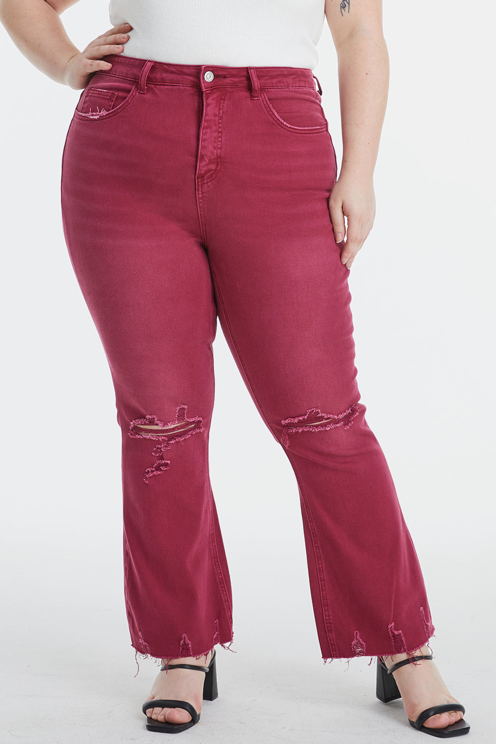 Stilla | Full Size Høj Talje Distressed Raw Hem Flare Jeans