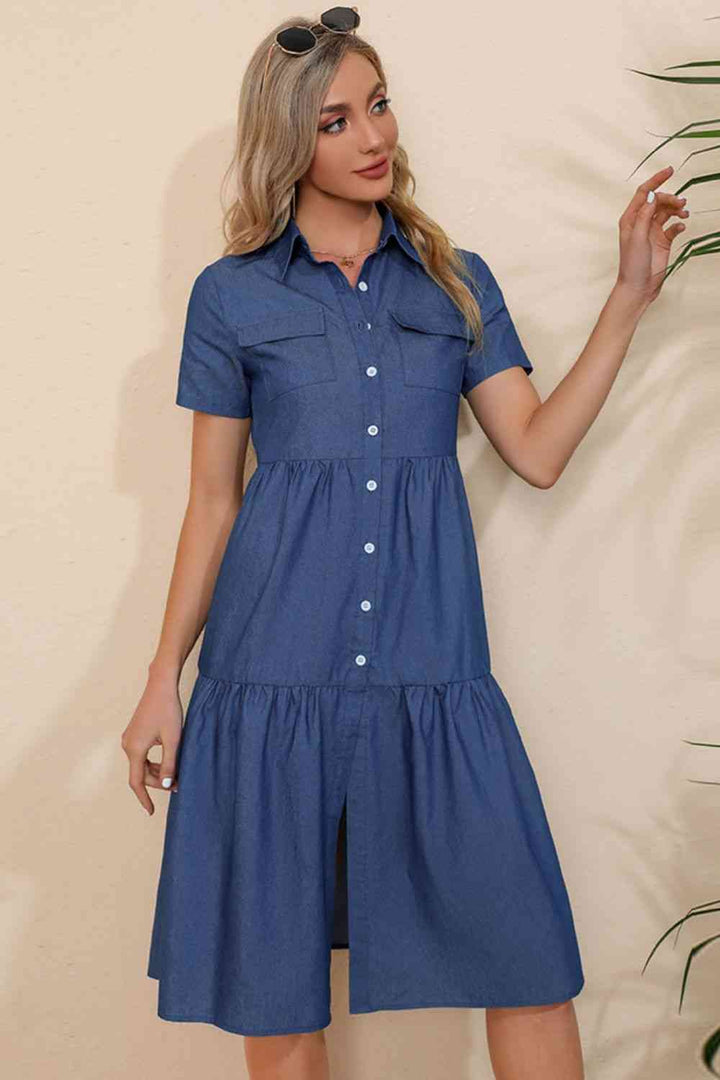 Stilla | Ærme Krave Knappet Denim Kjole