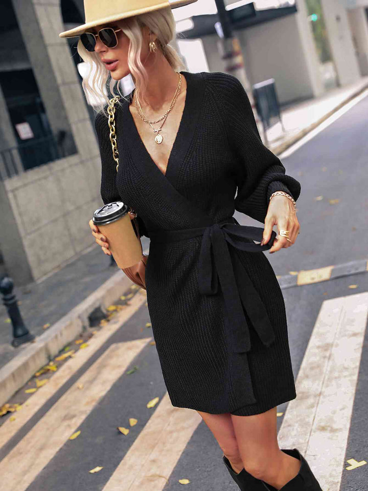 Stilla | Surplice Lantern Sleeve Wrap Sweater Kjole