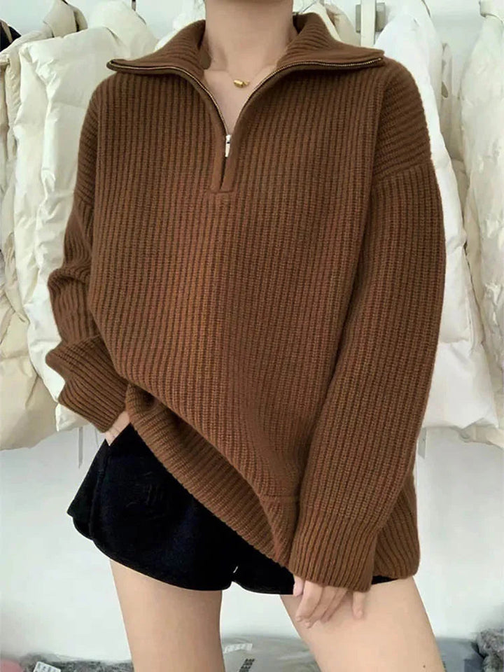 Stilla | Cozy Tykt Strik Sweater med Lynlås Krave til Afslappet Varme