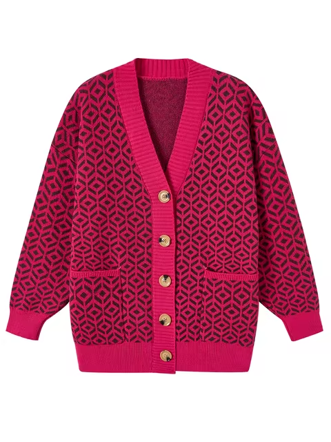 Stilla | Cozy Strikket Cardigan med Geometrisk Mønster og Knapliste