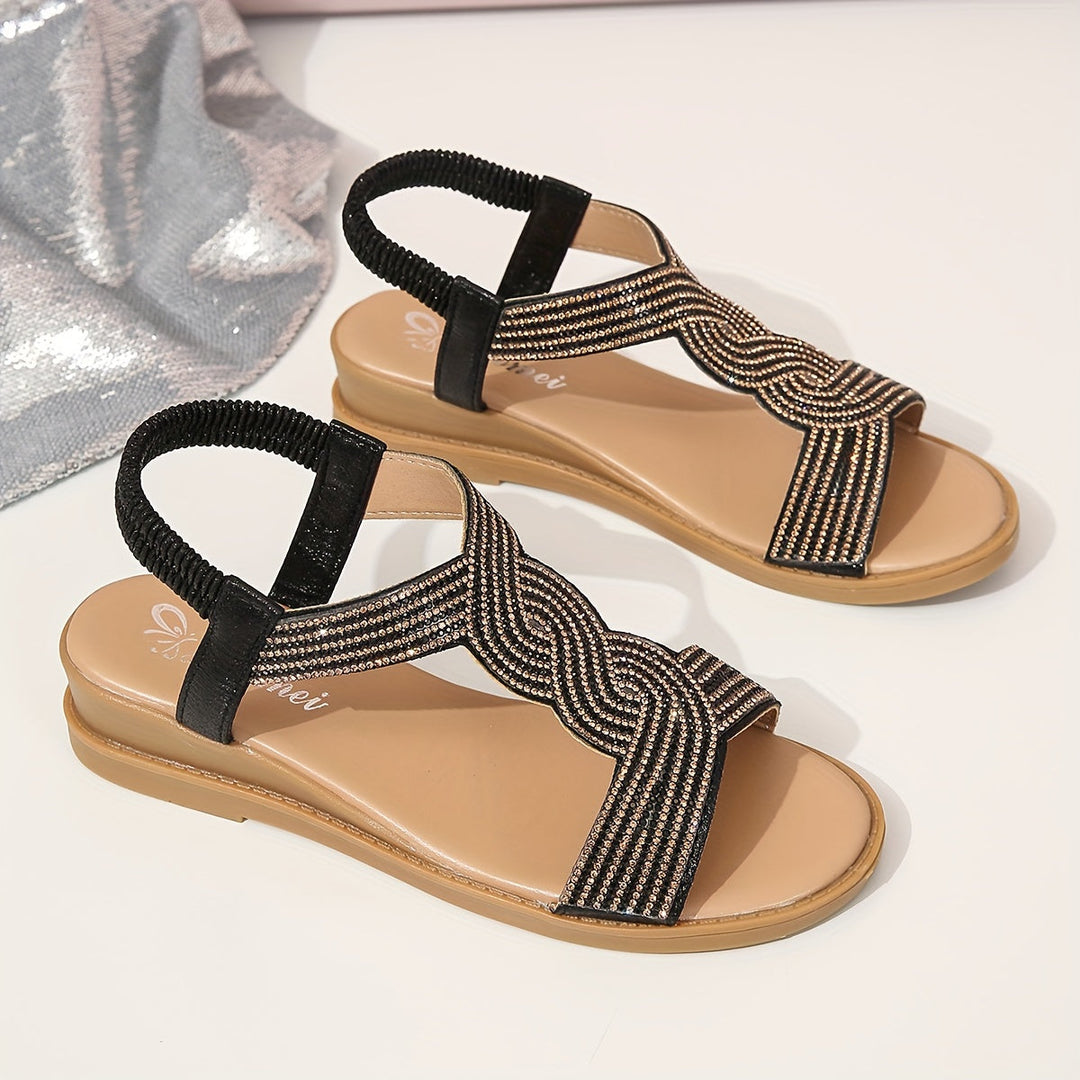 Stilla | Damesandaler: Strass, Flade, Antiskrid, Elastiske, Sommer, Strand