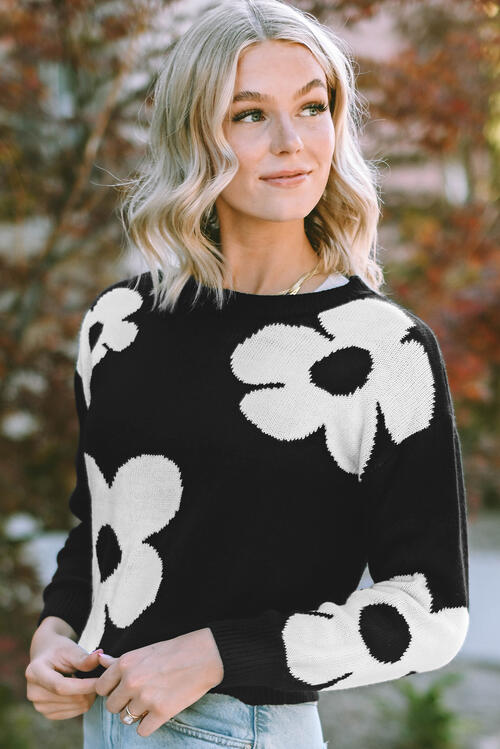 Stilla | Hals Blomstermønster Farve Kontrast Design Langærmet Sweater