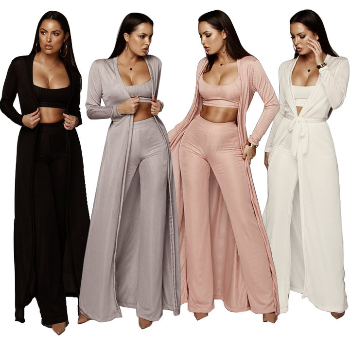 Dame trendy strikdragter med lang cardigan og komfortable palazzo bukser Stilla
