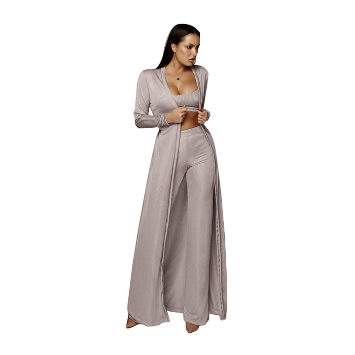 Dame trendy strikdragter med lang cardigan og komfortable palazzo bukser Stilla