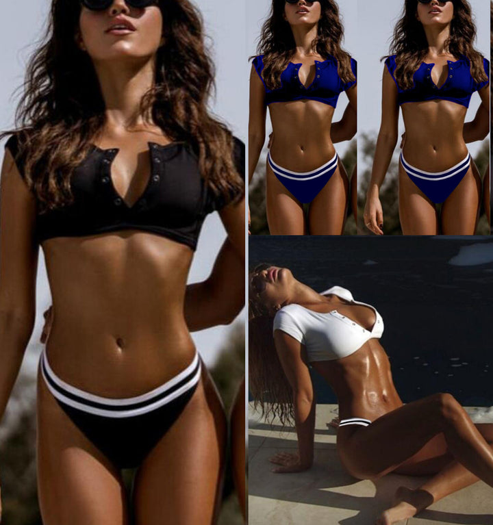 Dame sporty bikinisæt med moderne knapper og kontrasterende striber Stilla