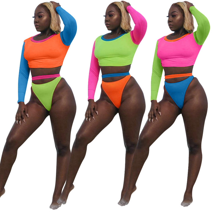 Dame Sporty Crop-Top og Højtaljede Bikini Shorts Sæt med farverigt Design Stilla