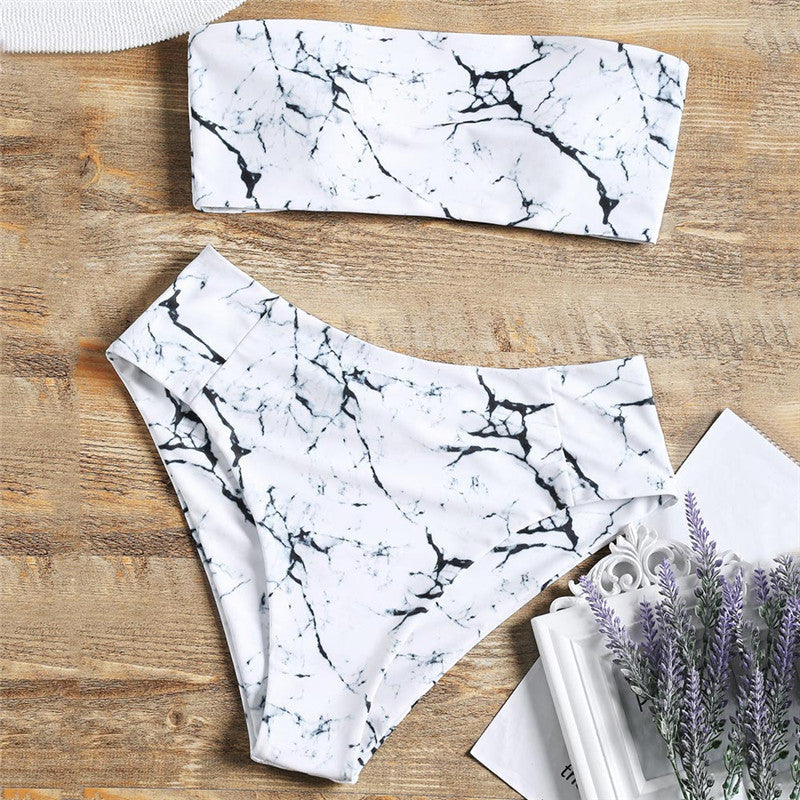 Dame Bandeau Bikini-sæt med elegant marmor-design og høj talje Stilla