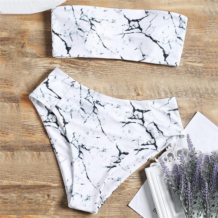 Dame Bandeau Bikini-sæt med elegant marmor-design og høj talje Stilla