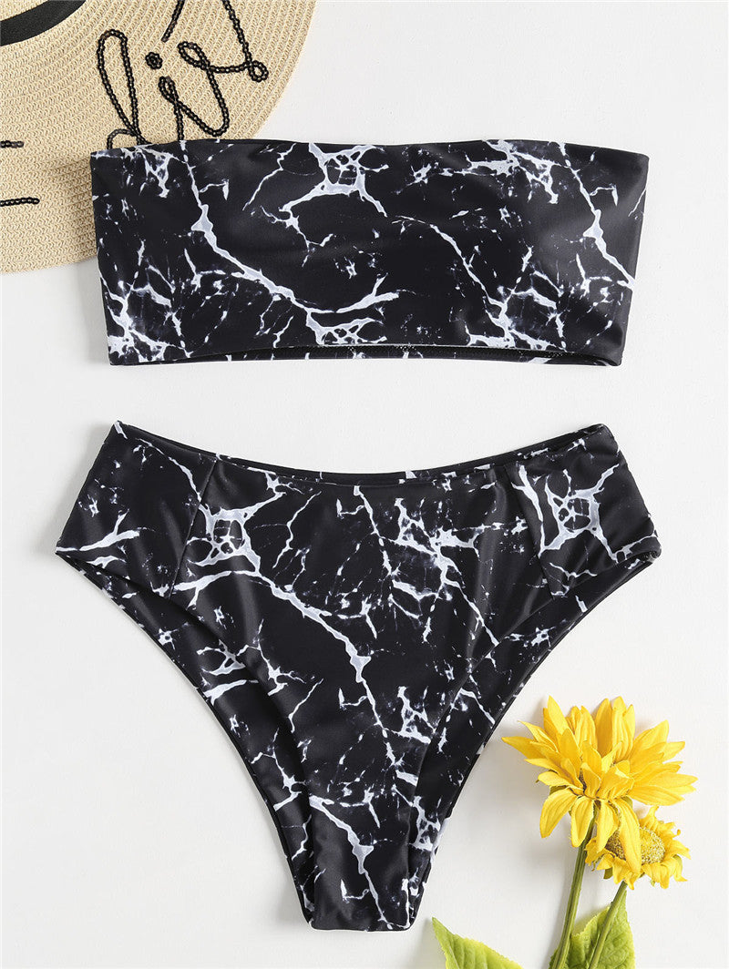 Dame Bandeau Bikini-sæt med elegant marmor-design og høj talje Stilla