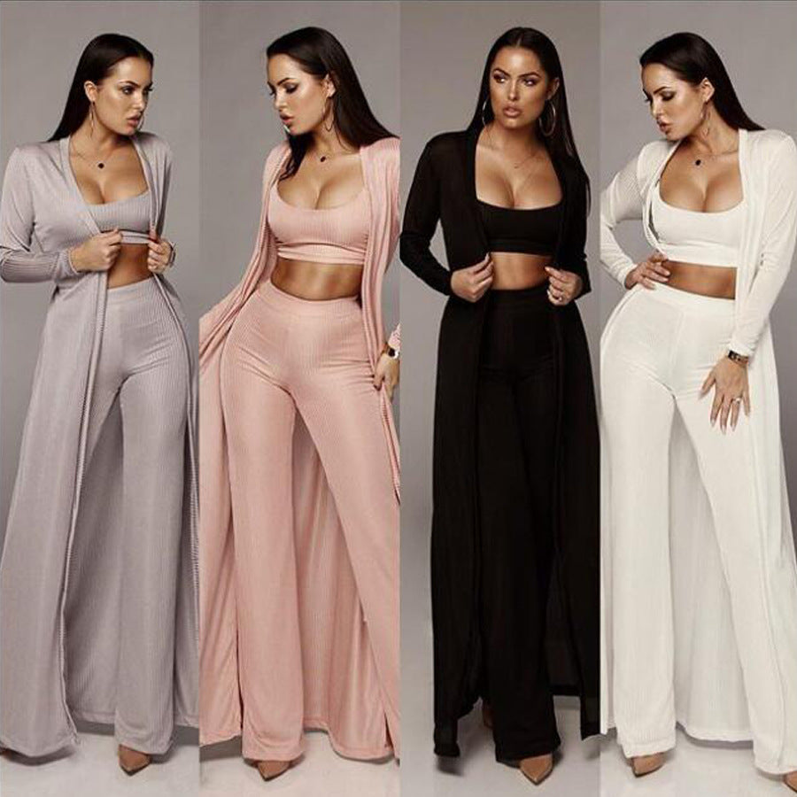 Dame trendy strikdragter med lang cardigan og komfortable palazzo bukser Stilla
