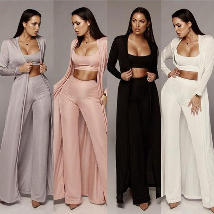 Dame trendy strikdragter med lang cardigan og komfortable palazzo bukser Stilla