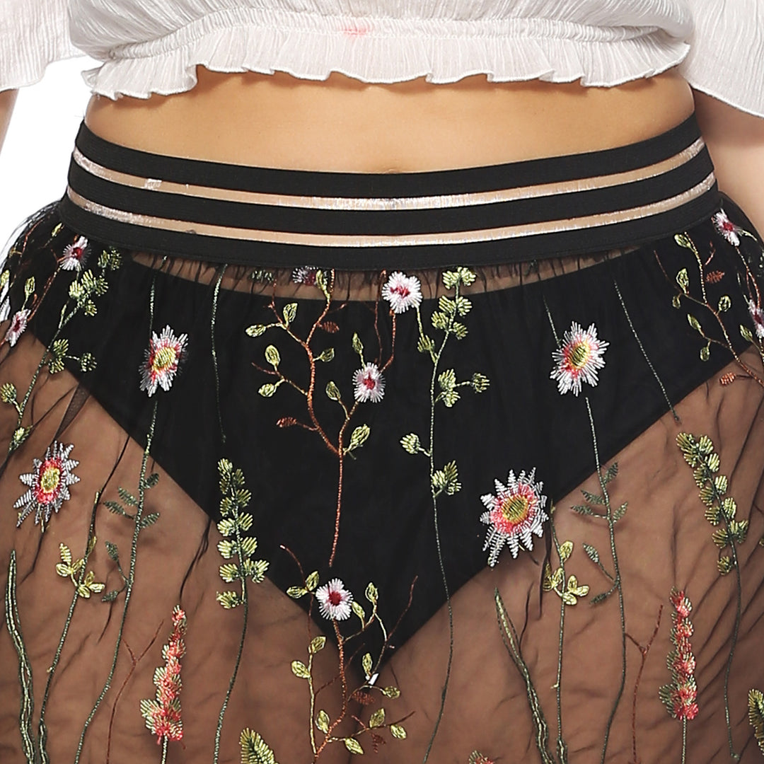 Dame Floral Broderet Gennemsigtig Maxi Nederdel Stilla