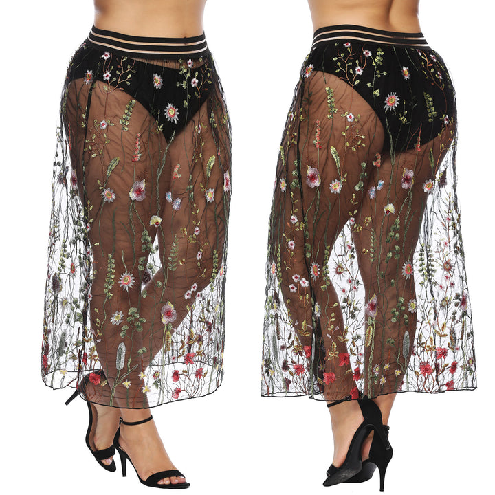 Dame Floral Broderet Gennemsigtig Maxi Nederdel Stilla