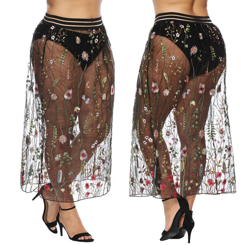 Dame Floral Broderet Gennemsigtig Maxi Nederdel Stilla