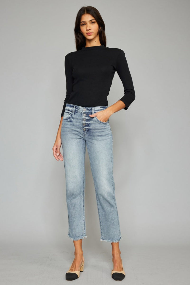 Stilla | Høj Talje Knap Fly Raw Hem Beskårede Lige Jeans