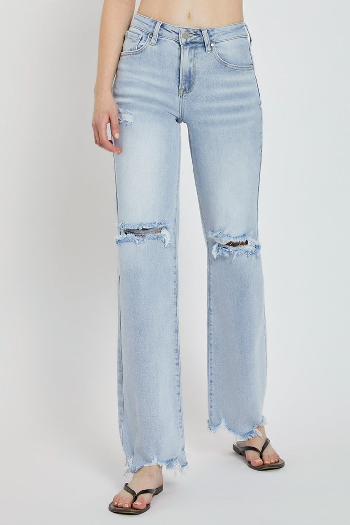 Stilla | Full Size Høj Talje Distressed Bred Ben Jeans