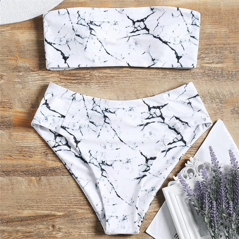 Dame Bandeau Bikini-sæt med elegant marmor-design og høj talje Stilla