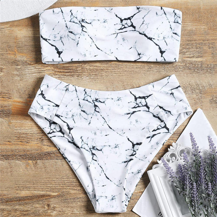 Dame Bandeau Bikini-sæt med elegant marmor-design og høj talje Stilla