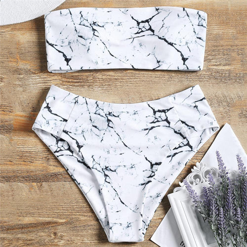 Dame Bandeau Bikini-sæt med elegant marmor-design og høj talje Stilla