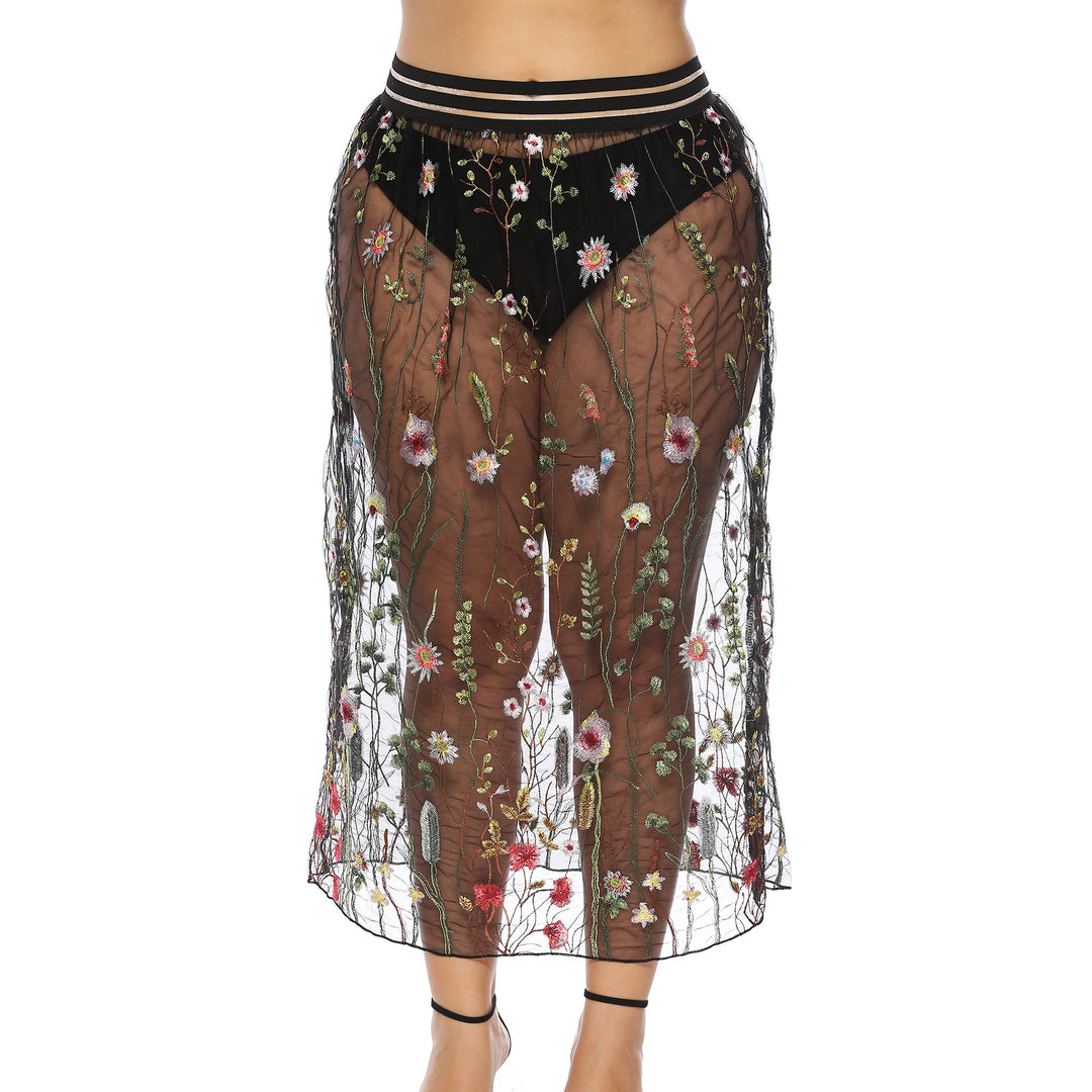 Dame Floral Broderet Gennemsigtig Maxi Nederdel Stilla